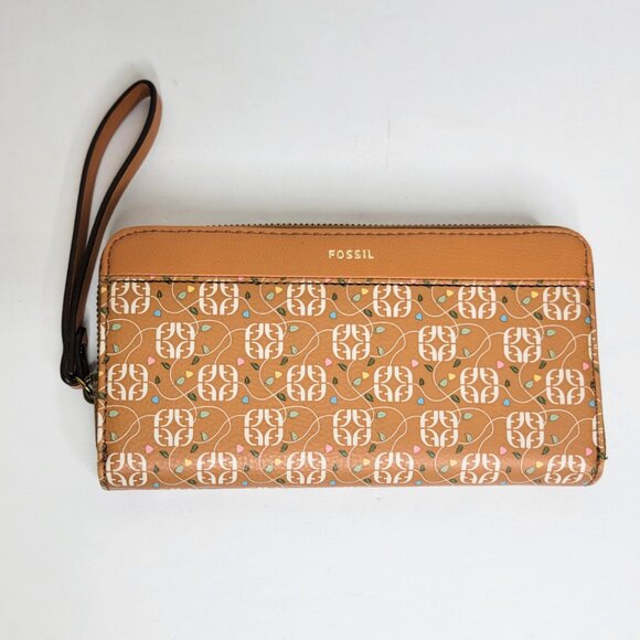 Fossil Jori RFID Zip Clutch Floral Tan 8” X 4" Wallet With Strap - NWOT